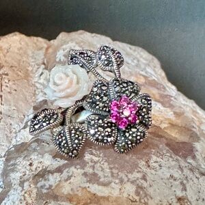 Stunning Ruby & Marcasite Flower Ring